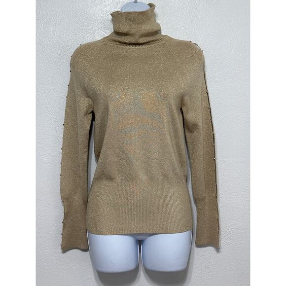 VTG Y2K Cache Gold Rhinestone Turtleneck Tunic M City Nights Holiday New Years - Picture 1 of 15